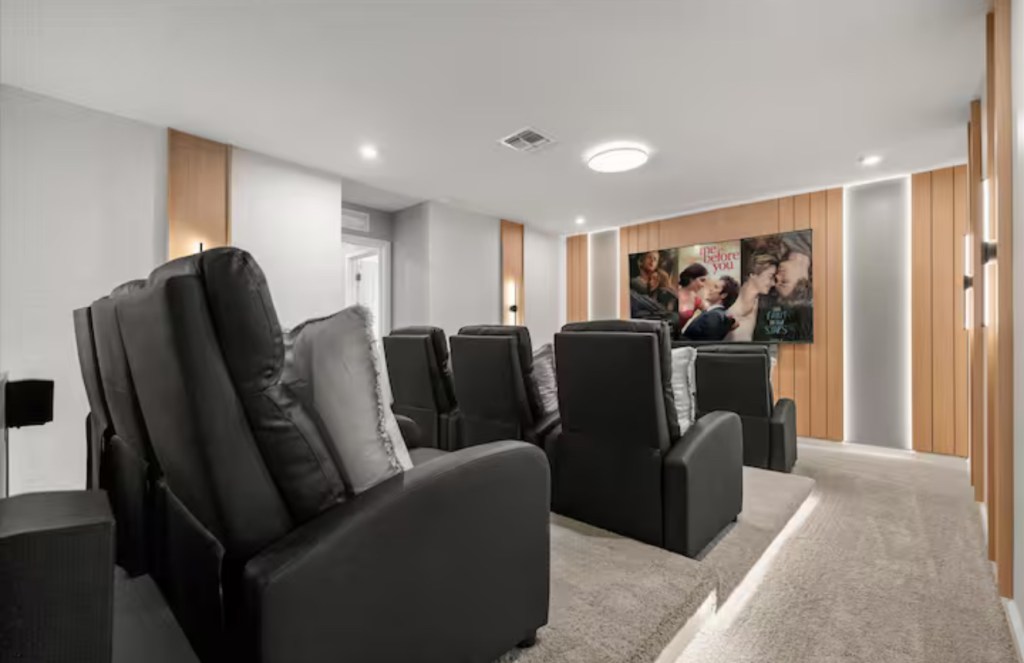 Private home theater with leather recliners